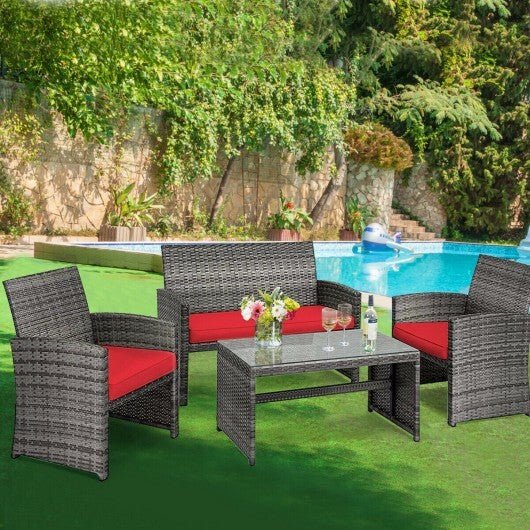 4 Pieces Patio Rattan Furniture Set with Cushions - Red - Color: Red - Galactic capuchin