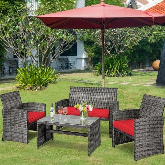 4 Pieces Patio Rattan Furniture Set with Cushions - Red - Color: Red - Galactic capuchin
