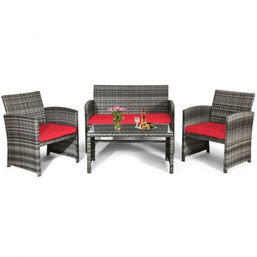 4 Pieces Patio Rattan Furniture Set with Cushions - Red - Color: Red - Galactic capuchin
