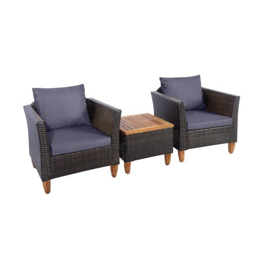 3 Pieces Outdoor Patio Wicker Furniture Set with Cushions and Acacia Wood Coffee Table - Gray - Color: Gray - Galactic capuchin