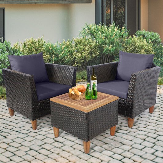 3 Pieces Outdoor Patio Wicker Furniture Set with Cushions and Acacia Wood Coffee Table - Gray - Color: Gray - Galactic capuchin