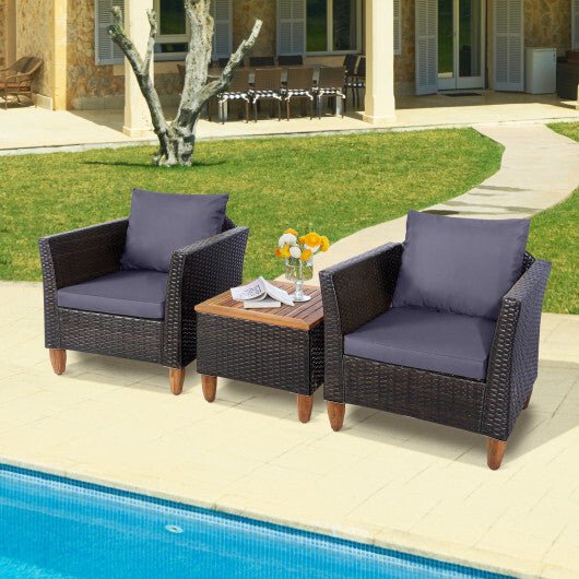 3 Pieces Outdoor Patio Wicker Furniture Set with Cushions and Acacia Wood Coffee Table - Gray - Color: Gray - Galactic capuchin