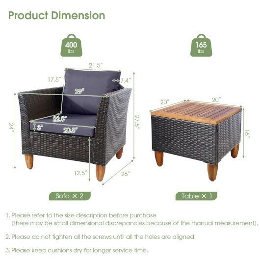 3 Pieces Outdoor Patio Wicker Furniture Set with Cushions and Acacia Wood Coffee Table - Gray - Color: Gray - Galactic capuchin
