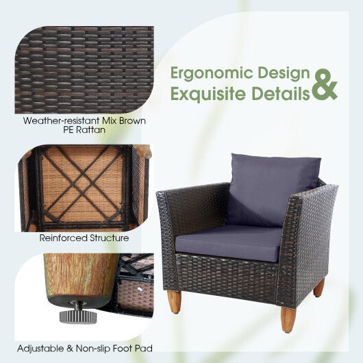 3 Pieces Outdoor Patio Wicker Furniture Set with Cushions and Acacia Wood Coffee Table - Gray - Color: Gray - Galactic capuchin