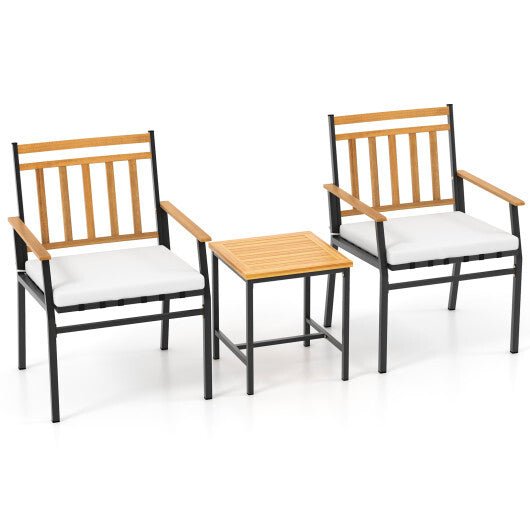 3 Pieces Outdoor Furniture Set Acacia Wood Patio Conversation Set with Cushions - White - Color: White - Galactic capuchin