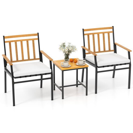 3 Pieces Outdoor Furniture Set Acacia Wood Patio Conversation Set with Cushions - White - Color: White - Galactic capuchin