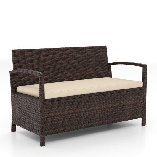 Outdoor PE Wicker Storage Bench 2 Seater with Cushion and 42 Gallon Deck Box - Beige - Galactic capuchin