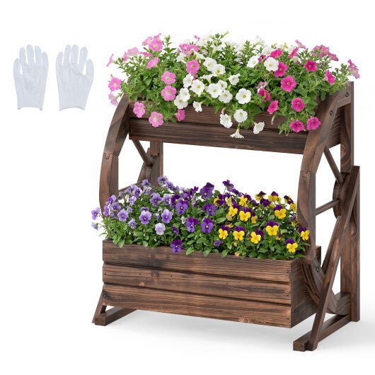 2 - tier Raised Garden Bed Rustic Wood Wagon Planter with Drainage Holes and Semi - wheels - Coffee - Galactic capuchin