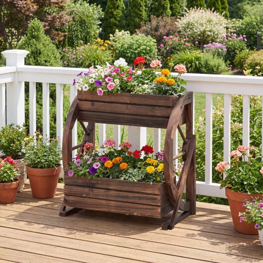 2 - tier Raised Garden Bed Rustic Wood Wagon Planter with Drainage Holes and Semi - wheels - Coffee - Galactic capuchin