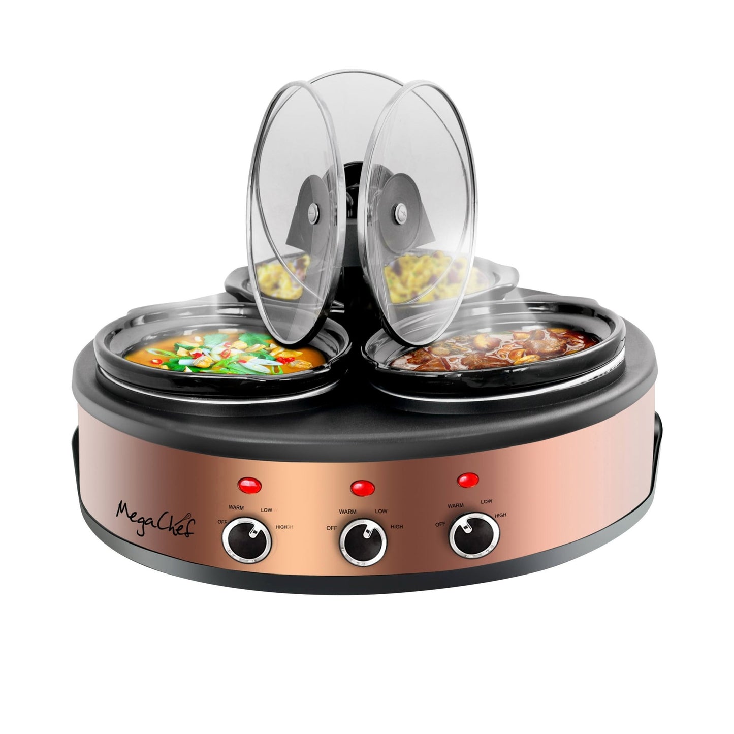 MegaChef Round Triple 1.5 Quart Slow Cooker and Buffet Server in Brushed Copper and Black Finish with 3 Ceramic Cooking Pots and Removable Lid Rests - Galactic capuchin