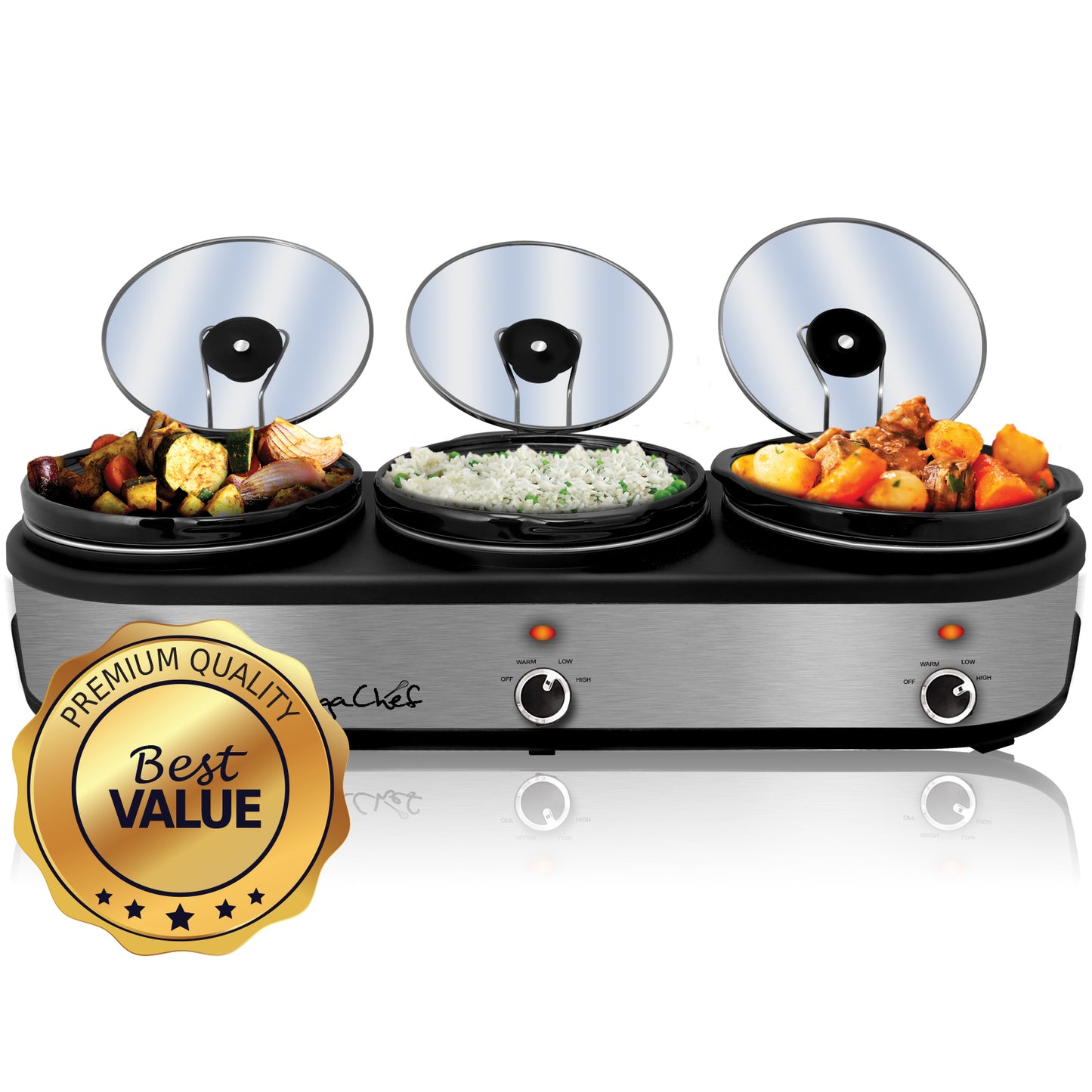 MegaChef Triple 2.5 Quart Slow Cooker and Buffet Server in Brushed Silver and Black Finish with 3 Ceramic Cooking Pots and Removable Lid Rests - Galactic capuchin