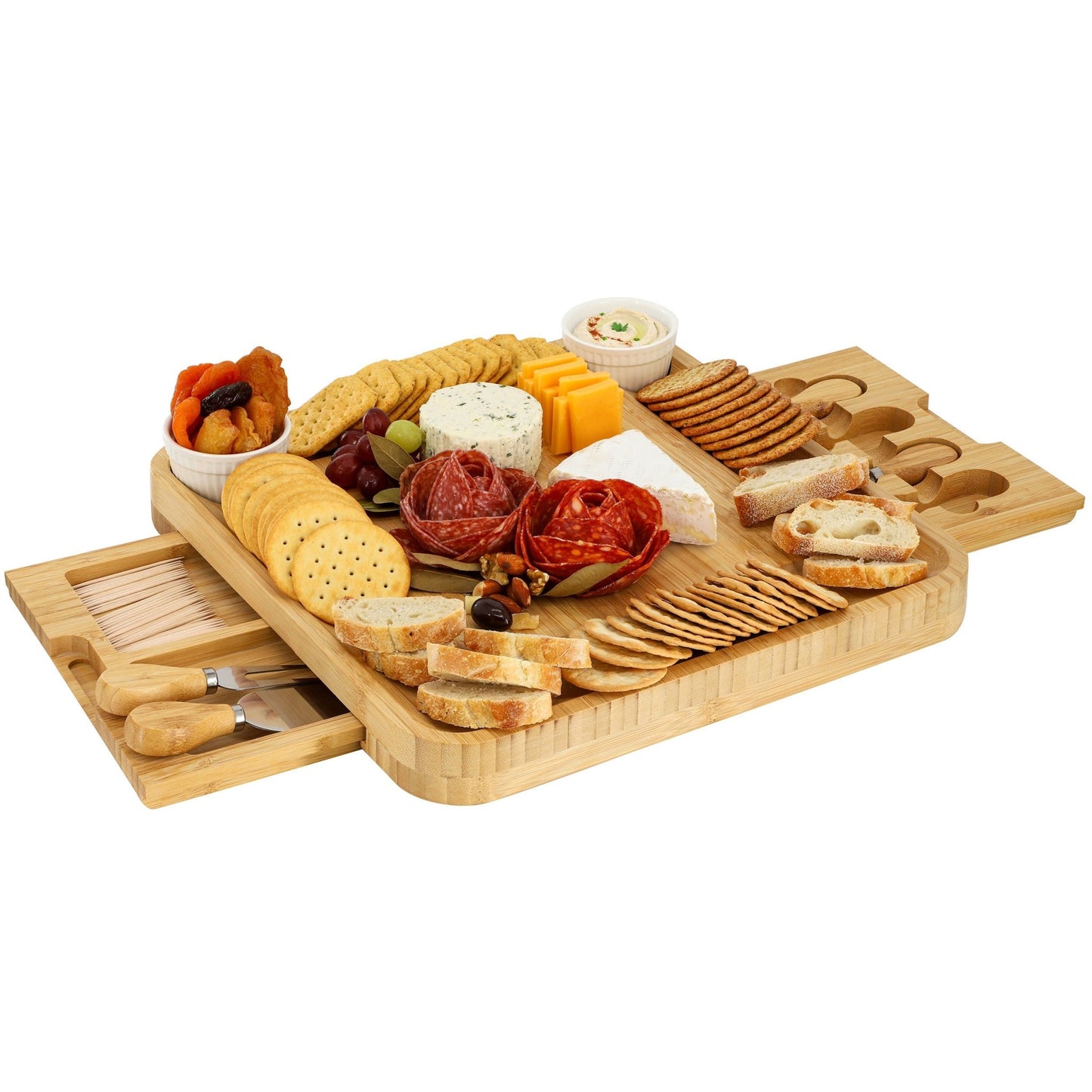 MegaChef Bamboo Charcuterie Cheese Board Set with Ramekins and Slide Out Cutlery Drawer - Galactic capuchin