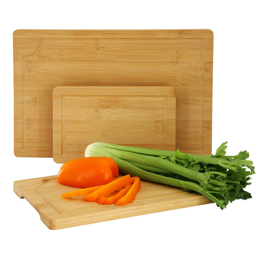 MegaChef 3 Piece 9 Inch, 12 Inch, and 15 Inch Bamboo Wood Cutting Board Set with Juice Grooves - Galactic capuchin