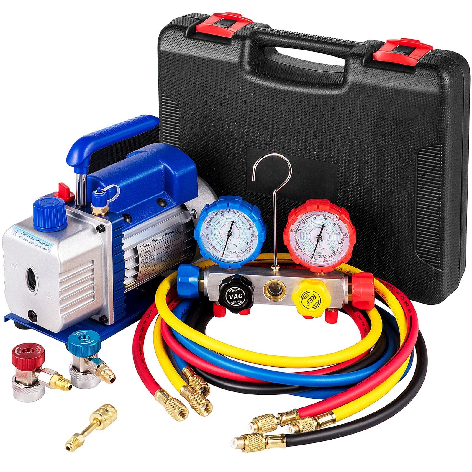 Suction Pump 4.8CFM 1/4 HP Single Stage for HVAC A/C Cooling Systems, 5PA Ultimate Vacuum, Manifold Gauge Kit R410A R134A R22, Includes 4 - Way Gauge & Hose - Galactic capuchin