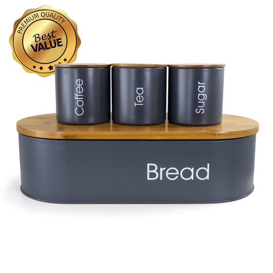 MegaChef Bamboo Kitchen Countertop 4 Piece Metal Bread Basket and Canister Set in Gray with Lids - Galactic capuchin