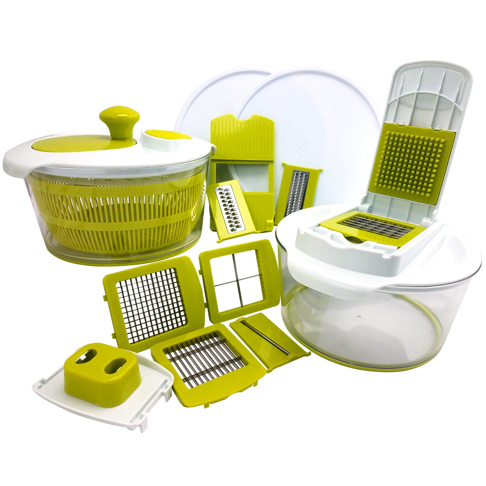 MegaChef 10 - in - 1 Multi - Use Salad Spinning Slicer, Dicer and Chopper with Interchangeable Blades and Storage Lids - Galactic capuchin