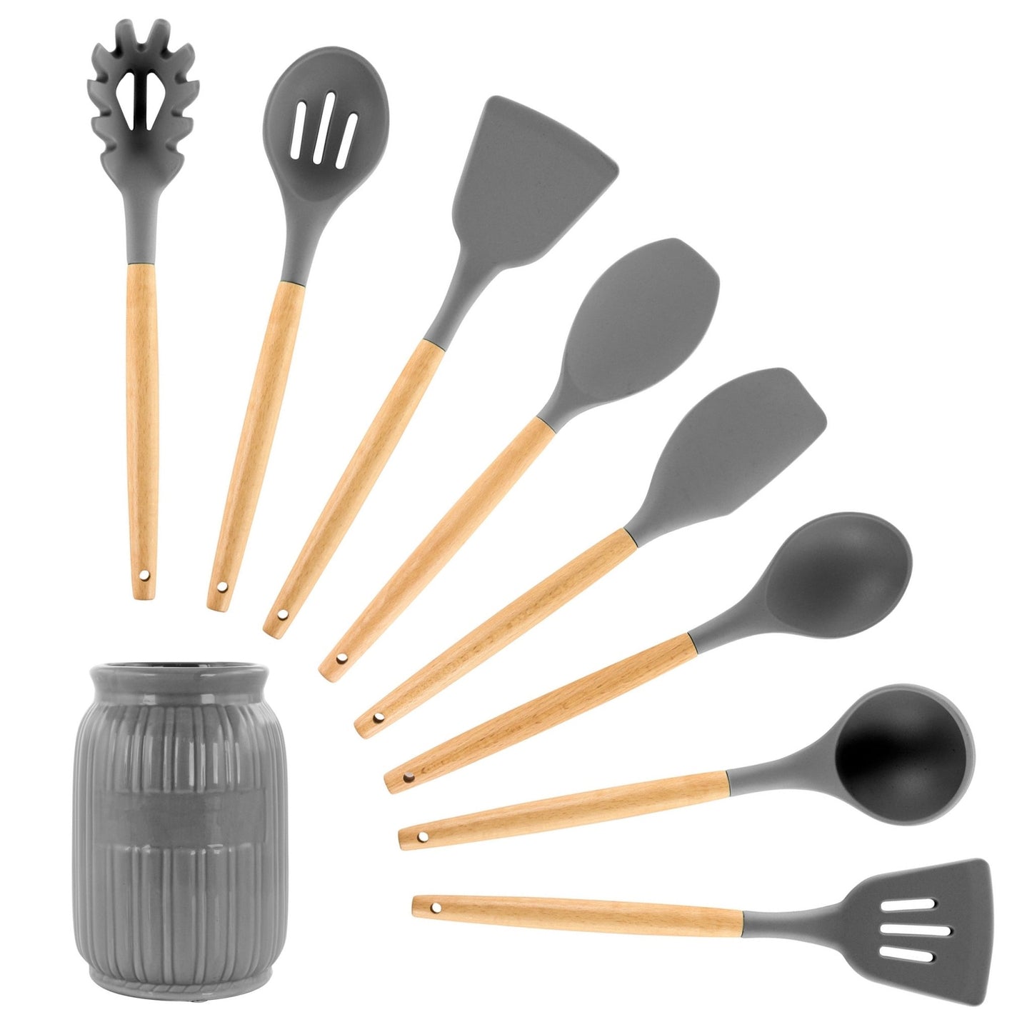MegaChef Gray Silicone and Wood Cooking Utensils, Set of 9 - Galactic capuchin