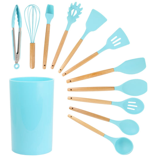 MegaChef Light Teal Silicone and Wood Cooking Utensils, Set of 12 - Galactic capuchin