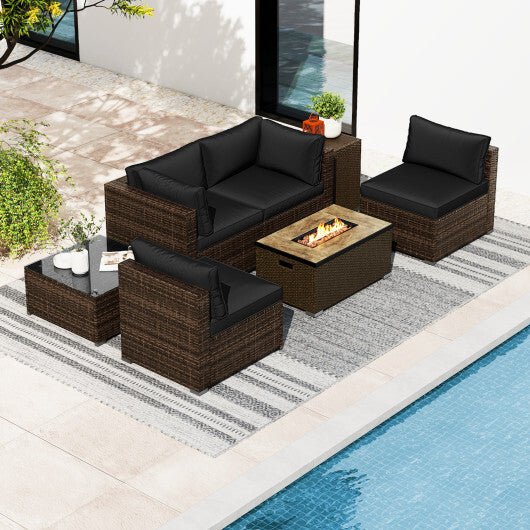 7 Pieces Outdoor Furniture Set with 32 Inch Fire Pit Table and Propane Tank Cover - Black - Color: Black - Galactic capuchin