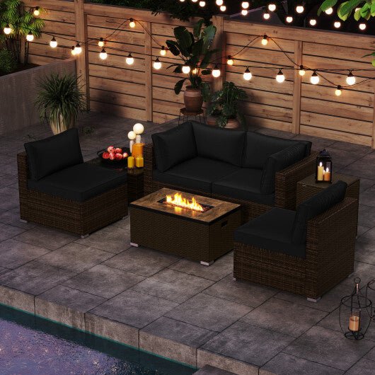 7 Pieces Outdoor Furniture Set with 32 Inch Fire Pit Table and Propane Tank Cover - Black - Color: Black - Galactic capuchin