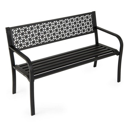 50 Inch Garden Bench with Patterned Backrest and Curved Armrests for 2 - 3 Person - Black - Galactic capuchin