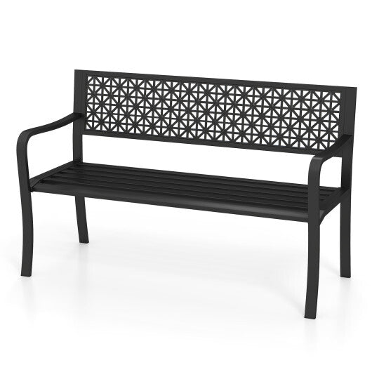 50 Inch Garden Bench with Patterned Backrest and Curved Armrests for 2 - 3 Person - Black - Galactic capuchin
