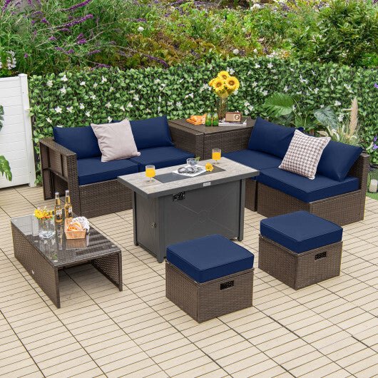 9 Pieces Outdoor Patio Furniture Set with 42 Inch Propane Fire Pit Table - Navy - Color: Navy - Galactic capuchin