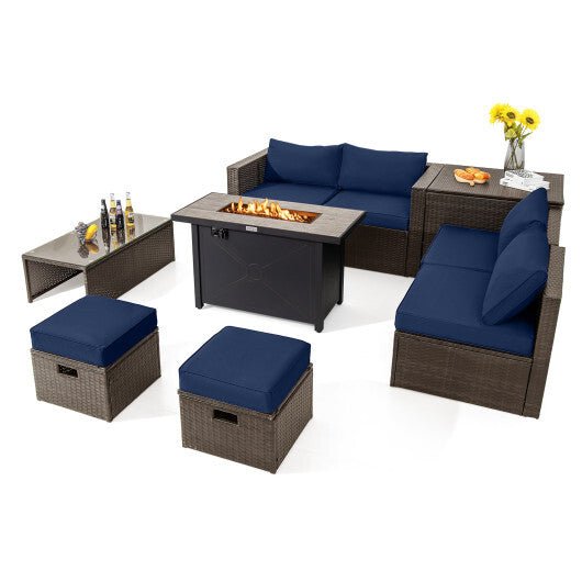 9 Pieces Outdoor Patio Furniture Set with 42 Inch Propane Fire Pit Table - Navy - Color: Navy - Galactic capuchin