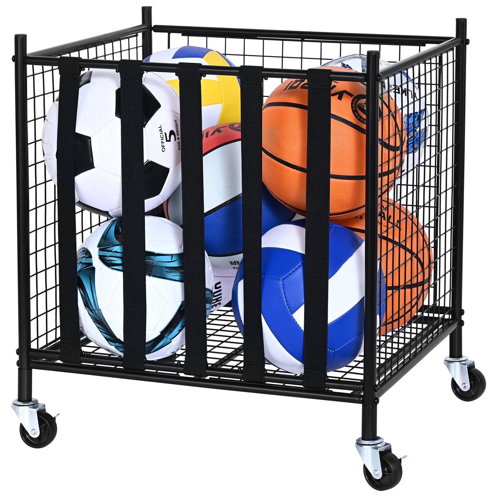 Rolling Sports Ball Storage Cart, Lockable Basketball Cage with Elastic Straps, Sport Equipment Holder Organizer for Indoor Outdoor, Steel Storage Rack for Garages, Playgroup, Gym and Schools - Galactic capuchin