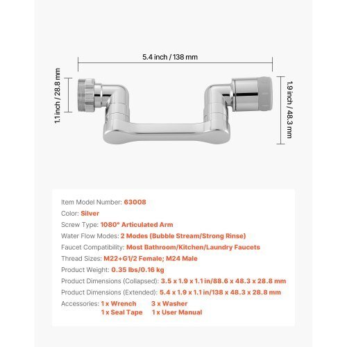 1080? Swivel Faucet Extender, 2 Sprayer Modes Sink Water Faucet Aerator Extension, Kitchen Bathroom Rotatable Spray Attachment with Brass Robotic Arm, Rotating Splash Filter Wash Hand/Hair/Face - Galactic capuchin