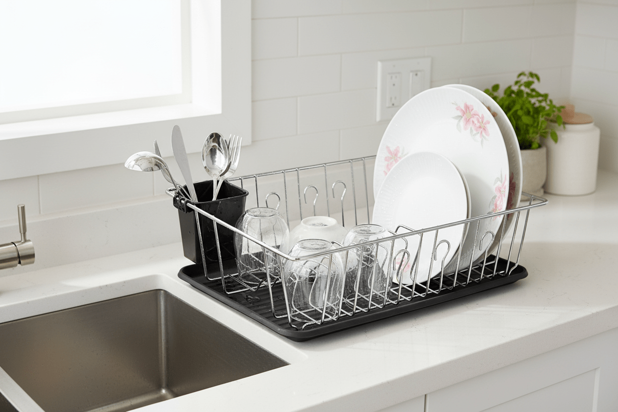 Better Chef 16 Inch Chrome Dish Rack with Black Draining Tray - Galactic capuchin