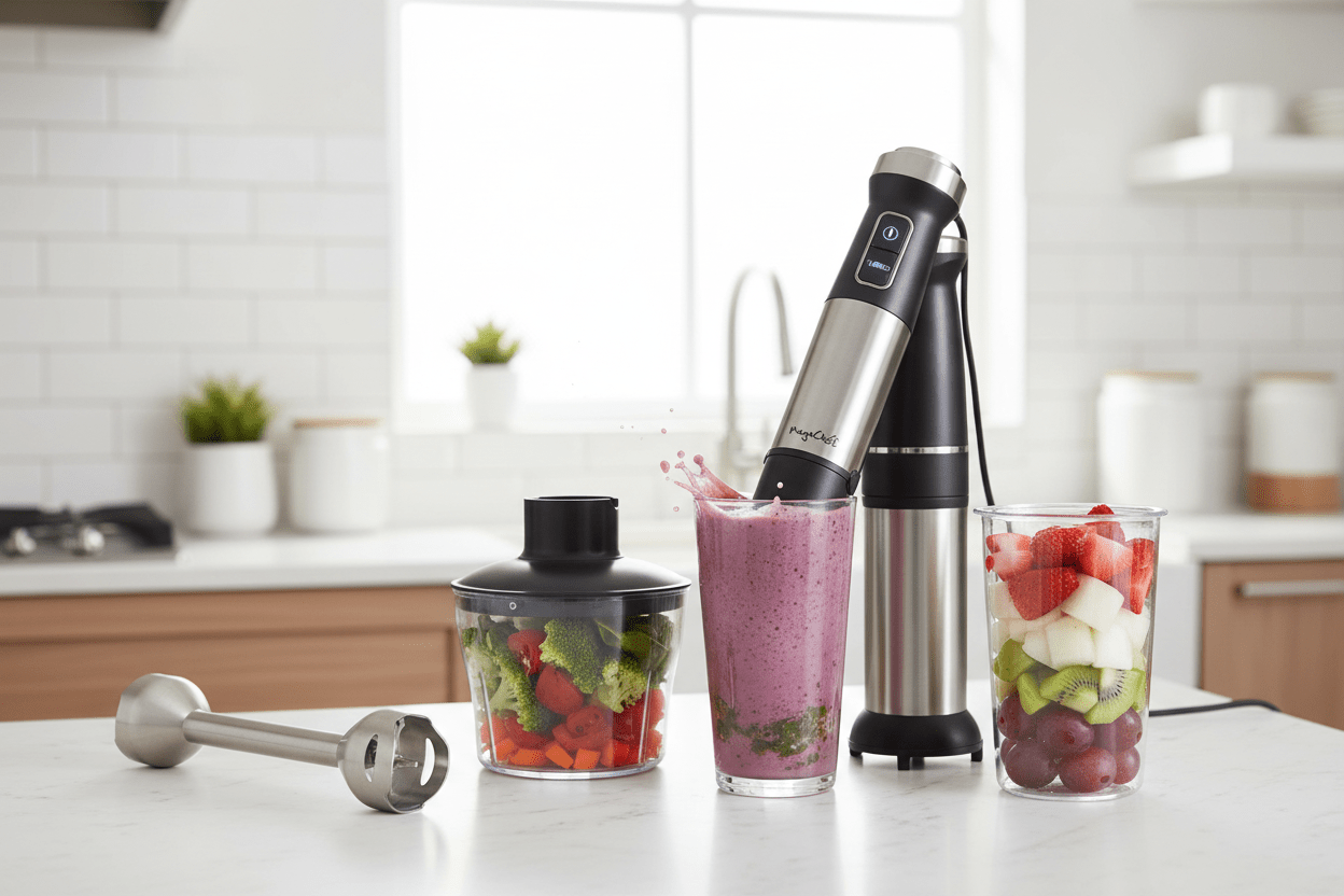 MegaChef 4 in 1 Multipurpose Immersion Hand Blender With Speed Control and Accessories - Galactic capuchin