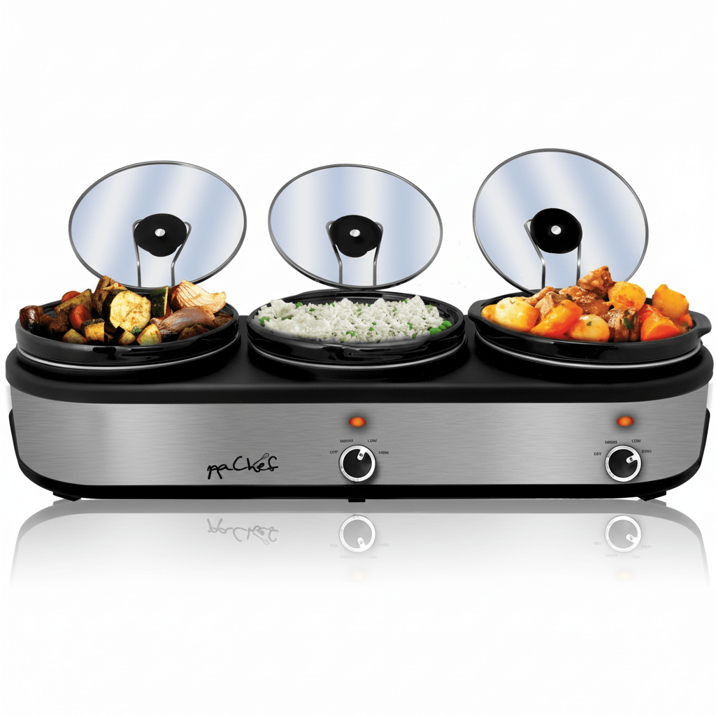 MegaChef Triple 2.5 Quart Slow Cooker and Buffet Server in Brushed Silver and Black Finish with 3 Ceramic Cooking Pots and Removable Lid Rests - Galactic capuchin
