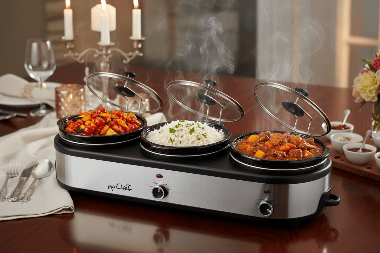 MegaChef Triple 2.5 Quart Slow Cooker and Buffet Server in Brushed Silver and Black Finish with 3 Ceramic Cooking Pots and Removable Lid Rests - Galactic capuchin