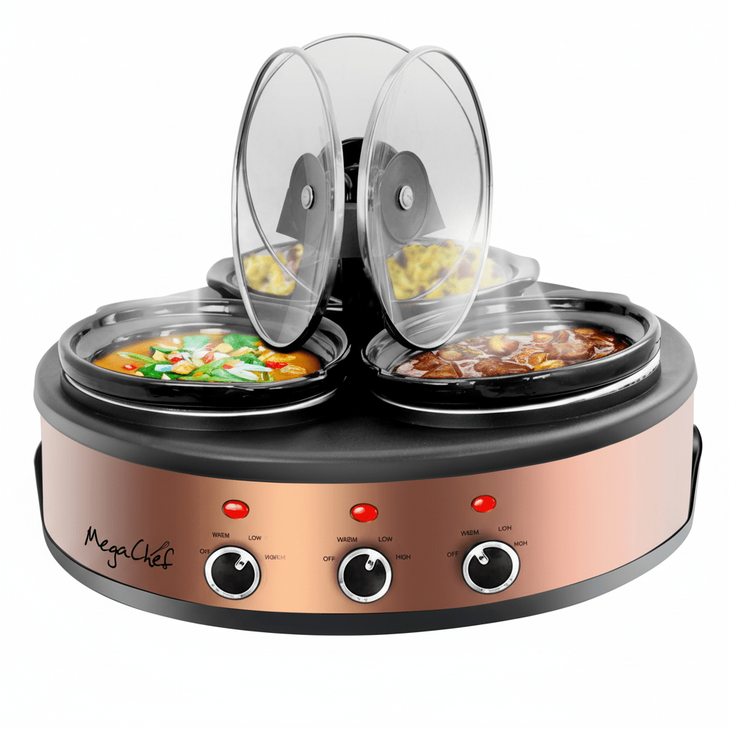 MegaChef Round Triple 1.5 Quart Slow Cooker and Buffet Server in Brushed Copper and Black Finish with 3 Ceramic Cooking Pots and Removable Lid Rests - Galactic capuchin