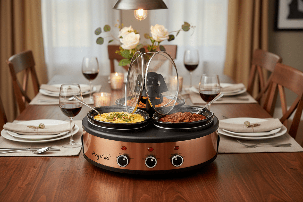 MegaChef Round Triple 1.5 Quart Slow Cooker and Buffet Server in Brushed Copper and Black Finish with 3 Ceramic Cooking Pots and Removable Lid Rests - Galactic capuchin